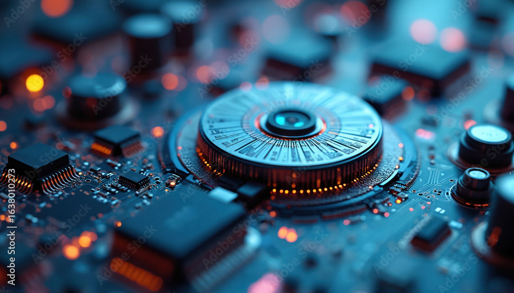 Poster circuit board featuring advanced technology systems, data flow visualization. blue, orange lights il