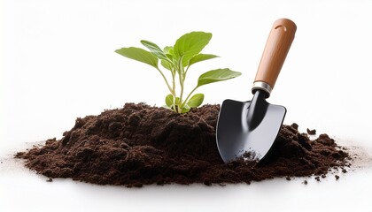 plant seedling with garden shovel on white background