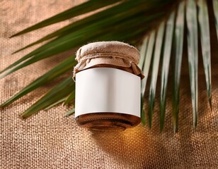 coconut oil jar with label mockup and natural fiber background