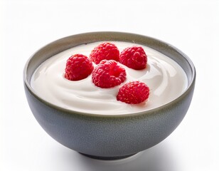 white yogurt with raspberries in a bowl isolated on white background