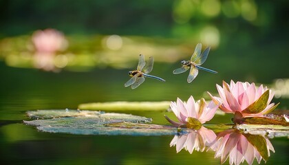 two vibrant dragonflies hover above a pond with green lily pads and blurred natural background