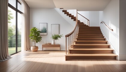 elegant interior staircase with wooden steps white walls and natural light illuminating the space creating a serene and inviting atmosphere perfect for home decor ideas