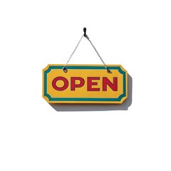 Yellow Open Sign Hanging on White Background with Shadow