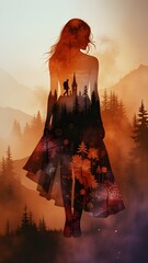 Epic Full-Body Portrait of a Beautiful Woman with Forest or Futuristic Castle in Double Exposure &ndash; Northern Lights and Galaxy Colors in Red, Orange, and Golden Hues (AI Generated)