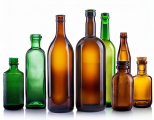 assorted amber and green glass bottles white isolate background