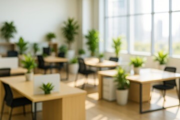 Bright Shared Workspace With Wooden Desks And Plants