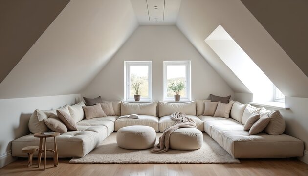 Spacious attic conversion with large sectional sofa, cozy seating. Sloped ceilings, natural light from windows create warm, inviting atmosphere. Modern interior design with neutral tones, comfortable