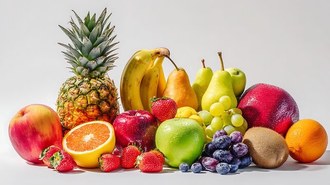 Colorful assortment of fresh fruits, vibrant display of pineapples, bananas, pears, and berries, healthy snack theme with space for text.