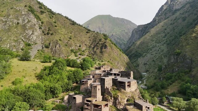 Multiple views of shatili, a historical village located in the greater caucasus mountains of georgia, showcasing its unique architecture and mountainous landscape