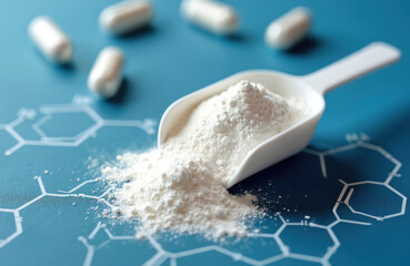 Creatine monohydrate powder in scoop, surrounded by white capsules. Blue background features chemical formulas for muscle growth and energy. Supports bodybuilding, fitness, and sports.