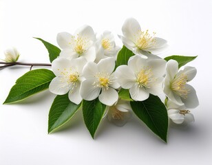 Obraz premium closeup branch of white flowers with green leaves on a white background