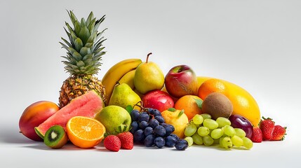 Vibrant assortment of fresh fruits, including bananas, grapes, and citrus, arranged artistically on a bright surface, perfect for healthy lifestyle themes.