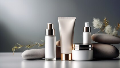 premium beauty products in elegant packaging on soft gray background evoke sense of luxury and sophistication