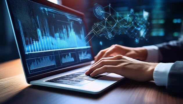 close up view of hands typing on laptop keyboard with flowchart graphics in background representing data processing and information analysis