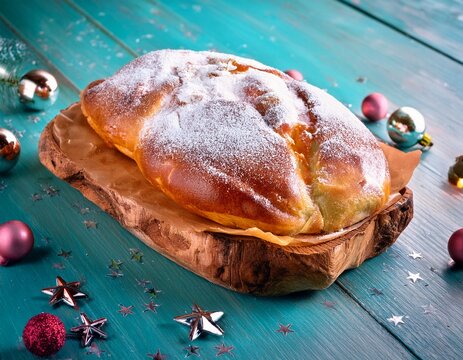 puerto rican mallorca sweet bread with powdered sugar and ham