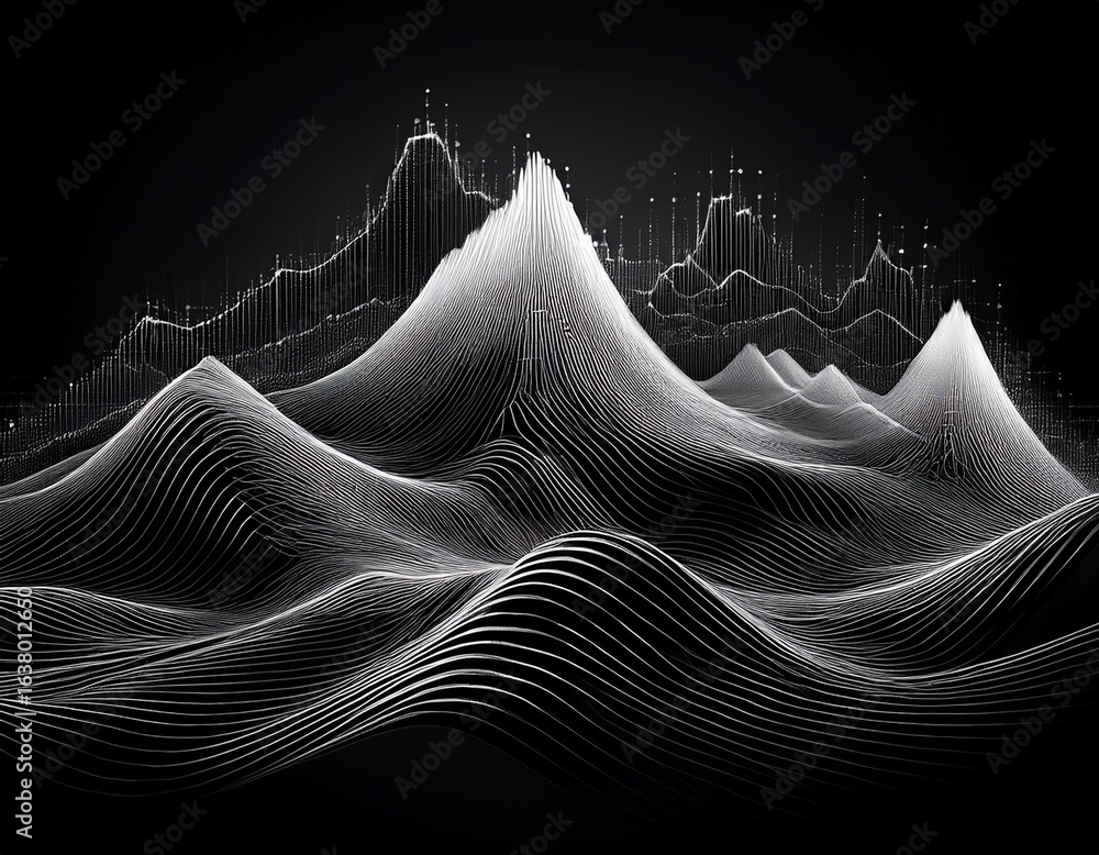 Poster an abstract black and white visualization of data flow forming peaks and valleys like a mountain ran