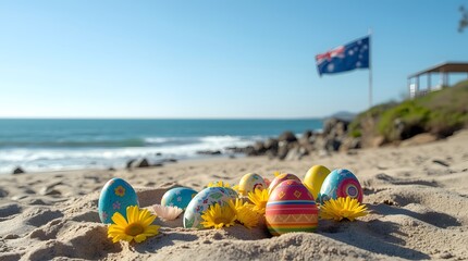 Easter eggs on beach with ocean view and flag