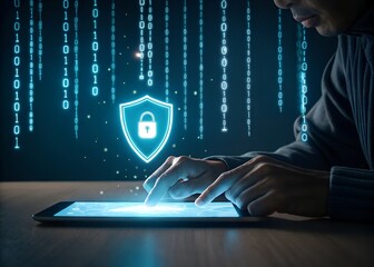 Conceptual image representing cyber security and data protection showing a shield with a lock icon and a person using a tablet