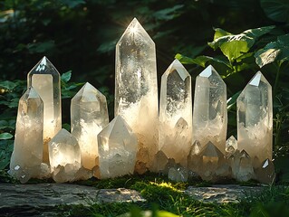Clear quartz crystals, illuminated by sunlight, displayed in a natural setting.