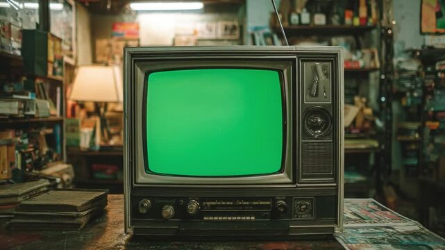 Nostalgic Television: A vintage television set with a green screen sits prominently in a cluttered space, capturing the essence of retro technology and a bygone era.