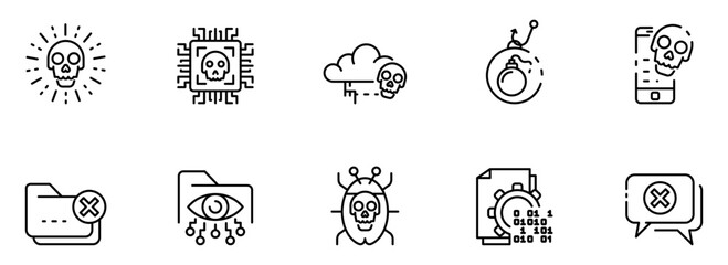 Cybersecurity Threat Icons:  A Collection of Line Art Skulls, Malware, Viruses, and Data Breach Symbols Representing Digital Risks and Online Security Issues.