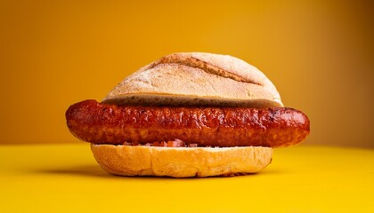 choripan sandwich of chorizo sausage on a crusty bread roll on yellow background popular street food straight off the grill popular in chile argentina uruguay and peru