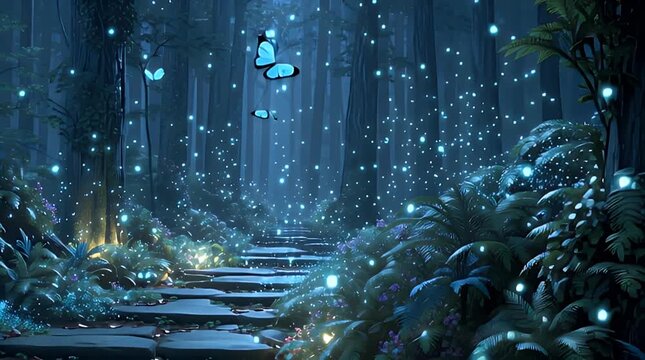 Enchanted Forest Night Scene  Blue Butterflies and Glowing Fireflies on Stone Path