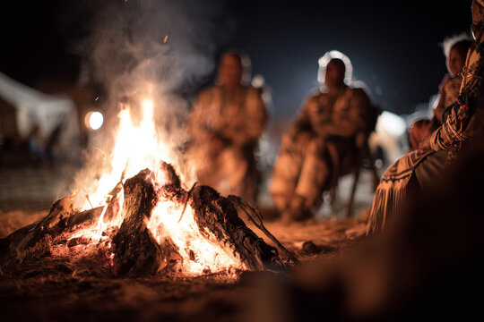 American Indian family gathered for ceremony around campfire, warm evening atmosphere, storytelling and tradition,
