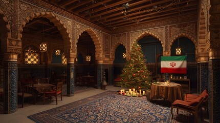 Iranian-themed holiday decoration in a traditional Persian building with blue and gold walls