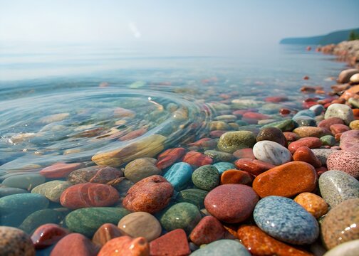 A vibrant photograph showcases the natural beauty of colorful pebbles submerged beneath crystal-clear water along a serene shoreline.