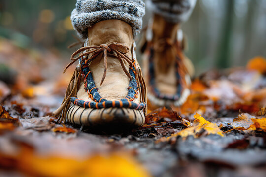 Close-up of moccasins walking across forest floor, traditional wear in natural setting, autumn leaves, no logo, no text, DSLR, 85mm, f/2.2, ISO 200