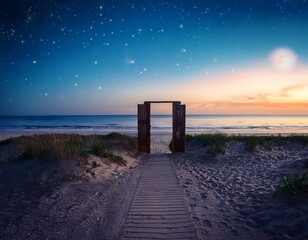 beach path at night with a doorway