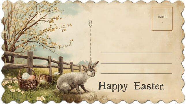 Easter greeting card with bunny and flowers