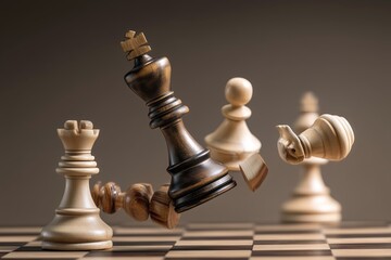 A chess game with a king falling down and breaking. It's a competition to see who has the best strategy.