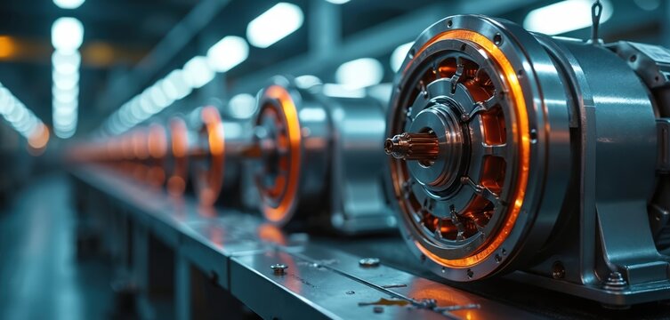 High-tech electric motors assembled on industrial production line. Advanced machines feature metallic components, internal copper coils glowing with orange heat. Manufacturing process creates