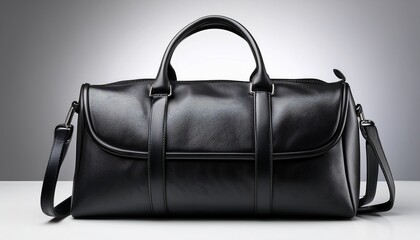 elegant black leather duffel bag with sturdy handles and a sleek design on white background