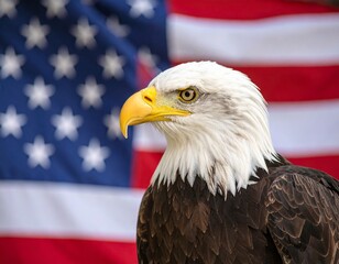 Naklejka premium American Bald Eagle on Constitution Scroll Symbolizing Freedom and Democracy. Iconic bird on historic document represent liberty and government ideal.