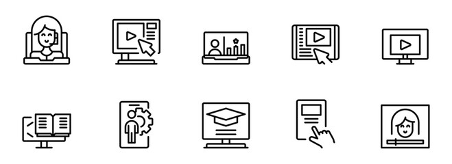 Online Education Icons:  Modern, Minimalist Line Art Style,  Positive and Approachable Mood,  Perfect for Websites and Educational Materials.