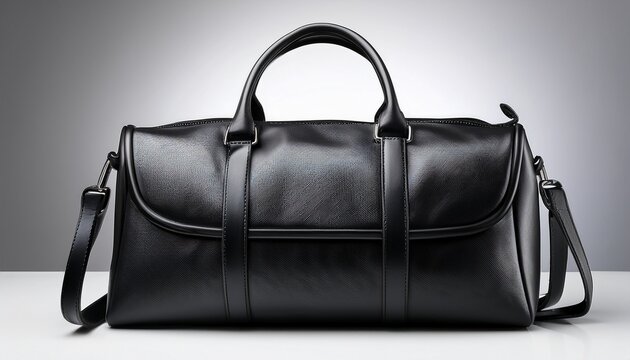 elegant black leather duffel bag with sturdy handles and a sleek design on white background