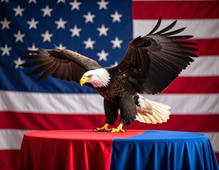 Naklejka premium American Bald Eagle on Constitution Scroll Symbolizing Freedom and Democracy. Iconic bird on legal document represent liberty and government in united state.