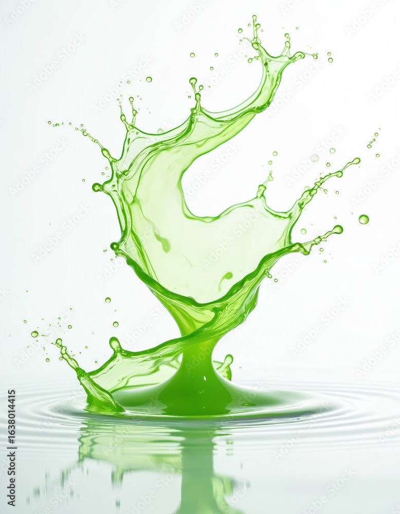 Poster dynamic green liquid splash forms abstract shape with fluid motion. refreshing for vibrant designs, 