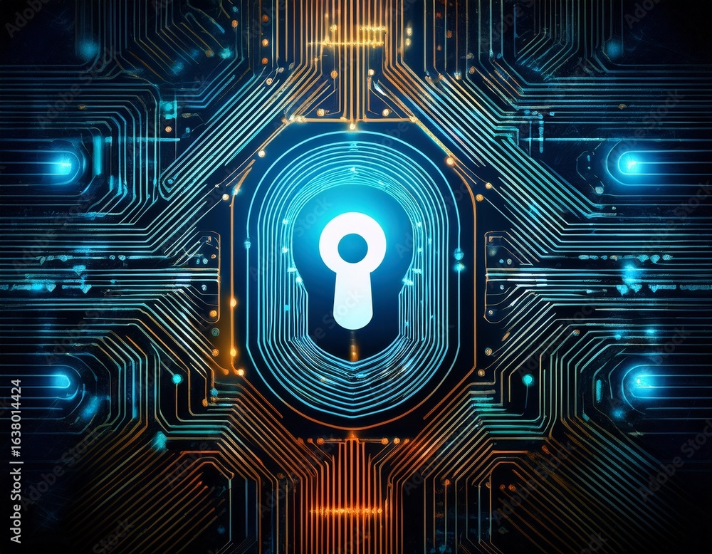 Aufkleber glowing digital keyhole on dark circuit board representing cybersecurity data protection and secure 
