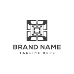 Abstract geometric tunnel or cube structure with text for brand name and tagline vector illustration