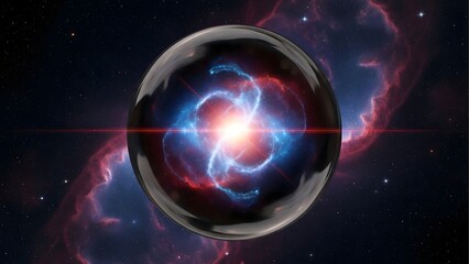 A surreal and beautiful abstract of a colorful red and blue nebula and stars from deep space captured inside a transparent crystal ball or sphere.