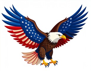 Obraz premium American Eagle and the Stars A majestic bald eagle the symbol of freedom and strength gazes with unwavering focus against a backdrop of the American flag. A patriotic avian portrait