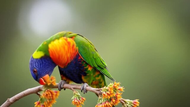 A vibrant rainbow lorikeet bird perched on a branch, drinking nectar from orange flowers in a lush, green natural setting, showcasing its colorful plumage and graceful movements
