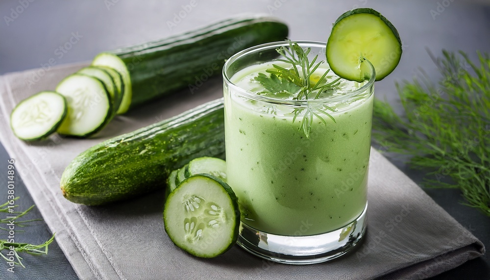 Poster cucumber smoothie with slices and fresh herbs served in a glass with cucumber slices as garnish