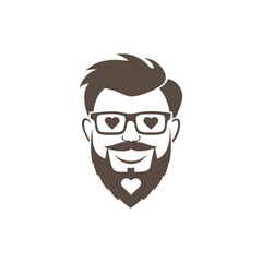 Bearded Man With Glasses And Heart Eyes Emoji Style Logo On White Background face head