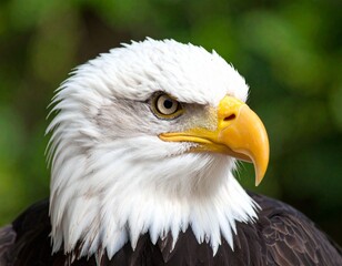 Obraz premium American Eagle and the Stars A majestic bald eagle the symbol of freedom and strength gazes with unwavering focus against a backdrop of the American flag. A patriotic bird portrait