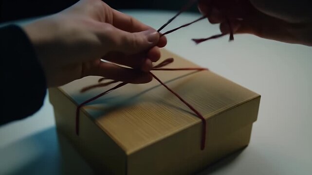 Hands Tying Red String Bow on Cream Gift Box for Holiday or Celebration